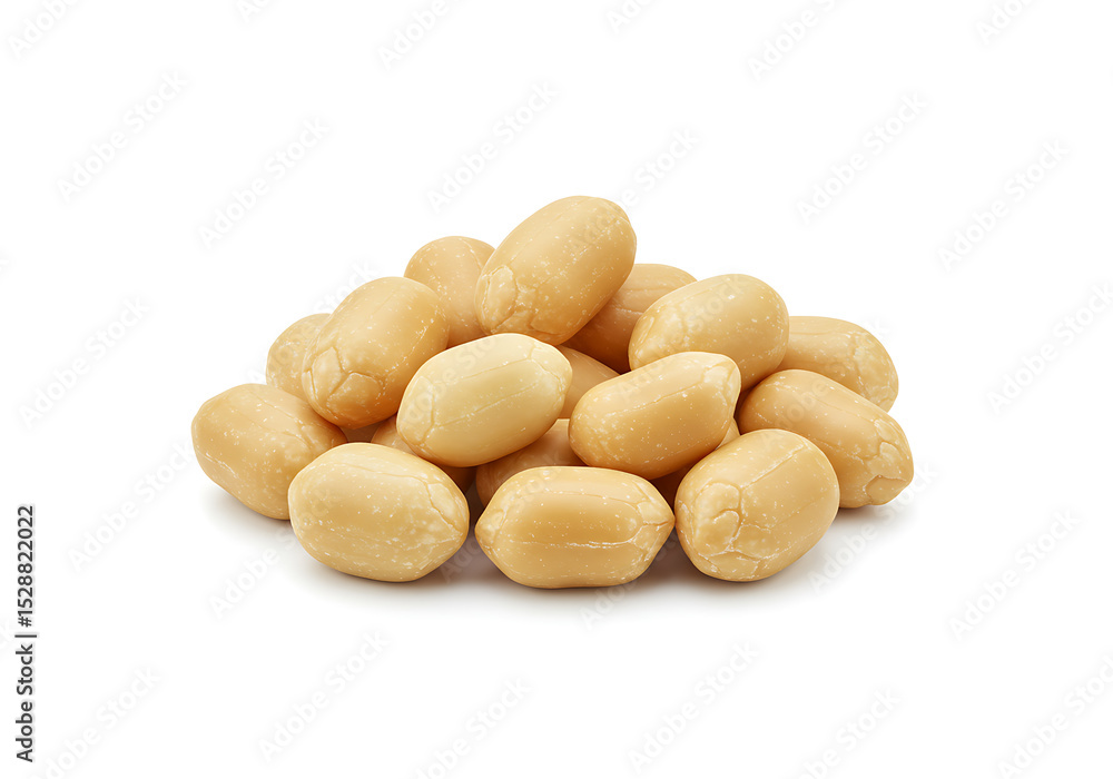A Closeup Shot of Roasted Peanuts, Creamy Beige in Color, Isolated on White Background A Closeup Shot of Roasted Peanuts, Creamy Beige in Color, Isolated on White Background
