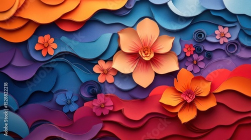 Colorful paper flowers and wavy layers
