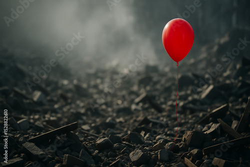 Red Balloon in Ruined Landscape at Dusk. Generative AI.