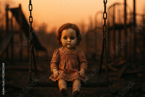 Creepy Doll on Swing at Dusk Playground. Generative AI.