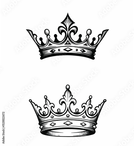 Set of Two Vintage Engraved Crowns Illustrations