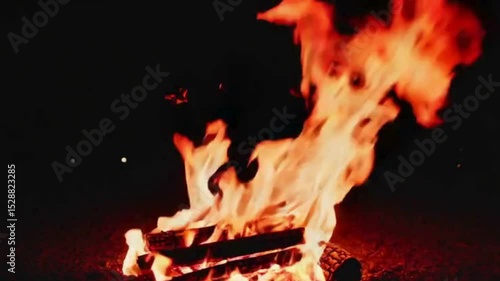 A campfire burns low and wide, flames flickering erratically in the night, casting eerie shapes into the void