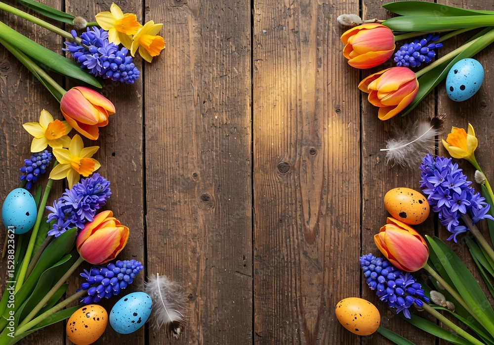 Vibrant Spring Easter Background featuring Tulips Daffodils Hyacinths and Easter Eggs on Rustic Wooden Table Vibrant Spring Easter Background featuring Tulips Daffodils Hyacinths and Easter Eggs on Rustic Wooden Table