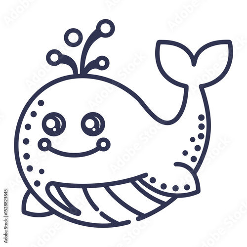 Smiling Whale Line Art Icon for Ocean Themes, Marine Life Education and Children's Bathroom Decoration