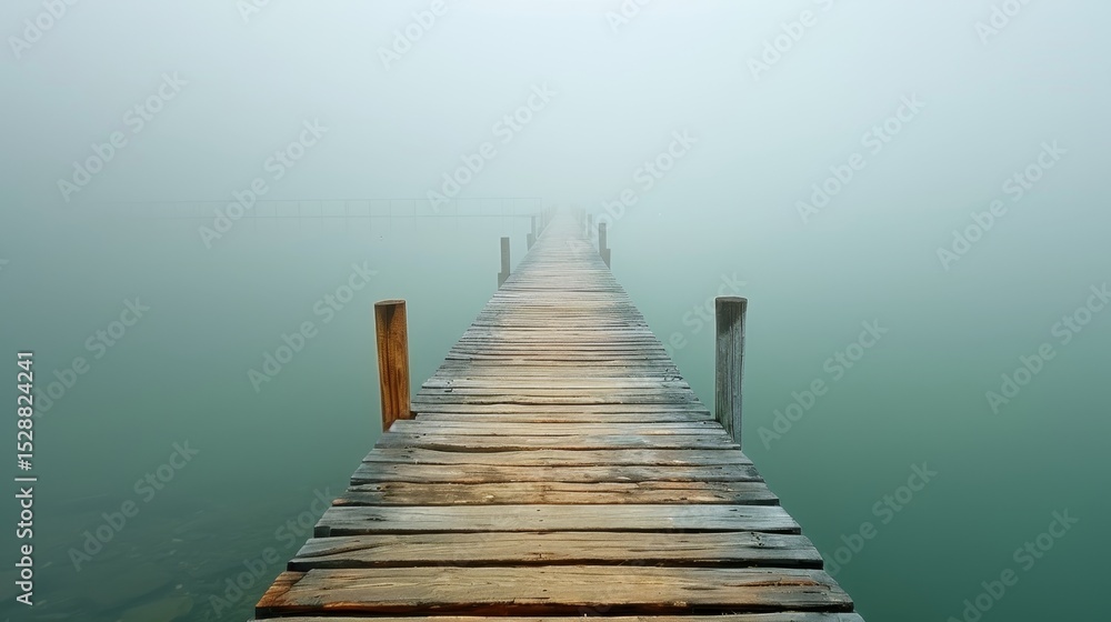 Fototapeta premium Serene wooden pier extending into a foggy lake, creating a tranquil and atmospheric scene.