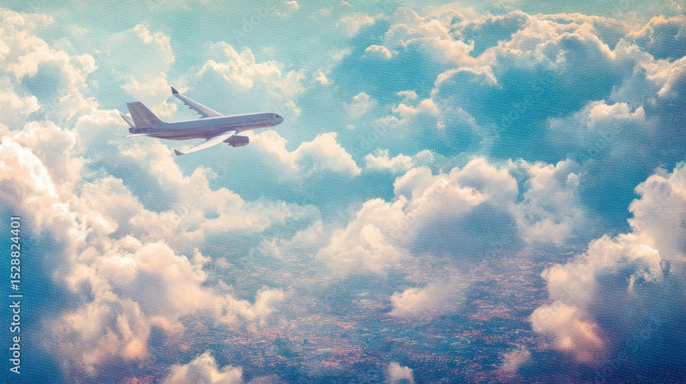 Naklejka premium Travel background. Airplane in the sky. Stickers collage. The concept of flight and vacation.