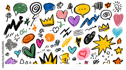 Colorful Hand-Drawn Elements on Transparent Background, PNG
