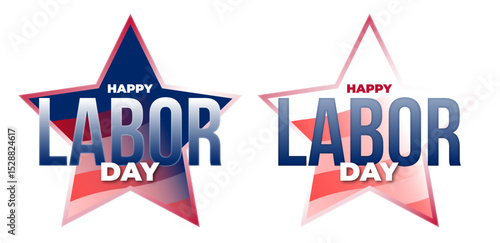 Happy USA September Labor Day typography text logo badge with the flying flag inside a star shape. Vector illustration transparent png for invitations, poster, banners.