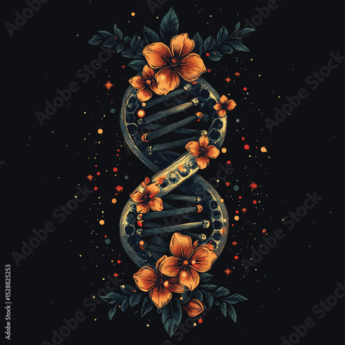 DNA chain and art nouveau flowers. Symbol of art, science, knowledge, medicine, evolutions, lives and death t-shirt design, vector style simple color