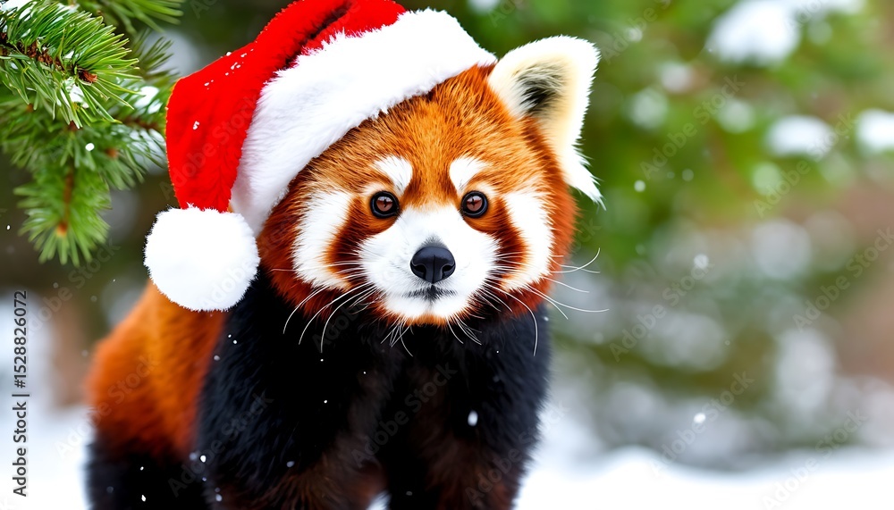 A red panda wearing a Santa hat stands in the snow near a pine tree. Snowflakes fall gently around it, creating a festive winter scene. A red panda wearing a Santa hat stands in the snow near a pine tree. Snowflakes fall gently around it, creating a festive winter scene.