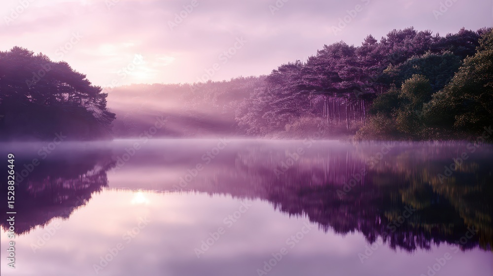 Fototapeta premium Misty Purple Forest Lake with Sunbeams and Fair Atmosphere