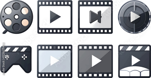 Vector film strip and reel icons: a set of classic cinema and photography symbols for video and movie design