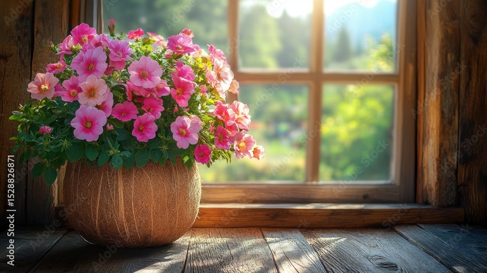 Pink flowers in a pot on a windowsill, bathed in sunlight Pink flowers in a pot on a windowsill, bathed in sunlight