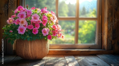 Wallpaper Mural Pink flowers in a pot on a windowsill, bathed in sunlight Torontodigital.ca