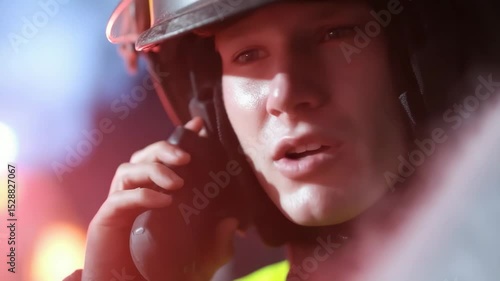 Firefighter Radio Communication Focus and Determination in Emergency Response, Showcasing Safety and Teamwork in Uniform with Essential Equipment for Rescue.