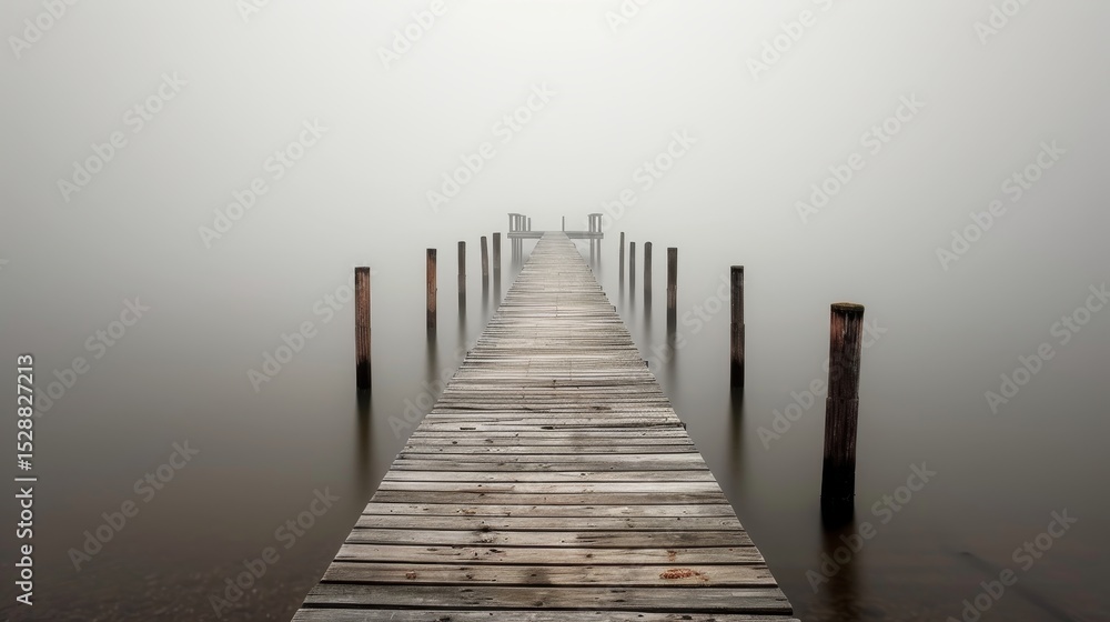 Fototapeta premium A long wooden pier stretching across a misty lake, creating a serene and mysterious atmosphere