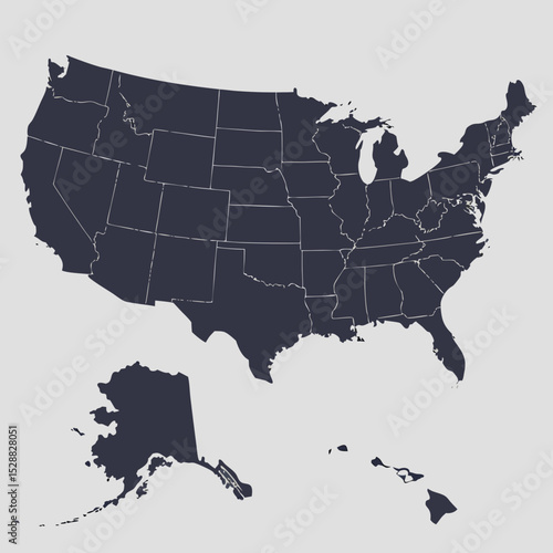 A dark slateblue map of the united states, showcasing all fifty states and territories