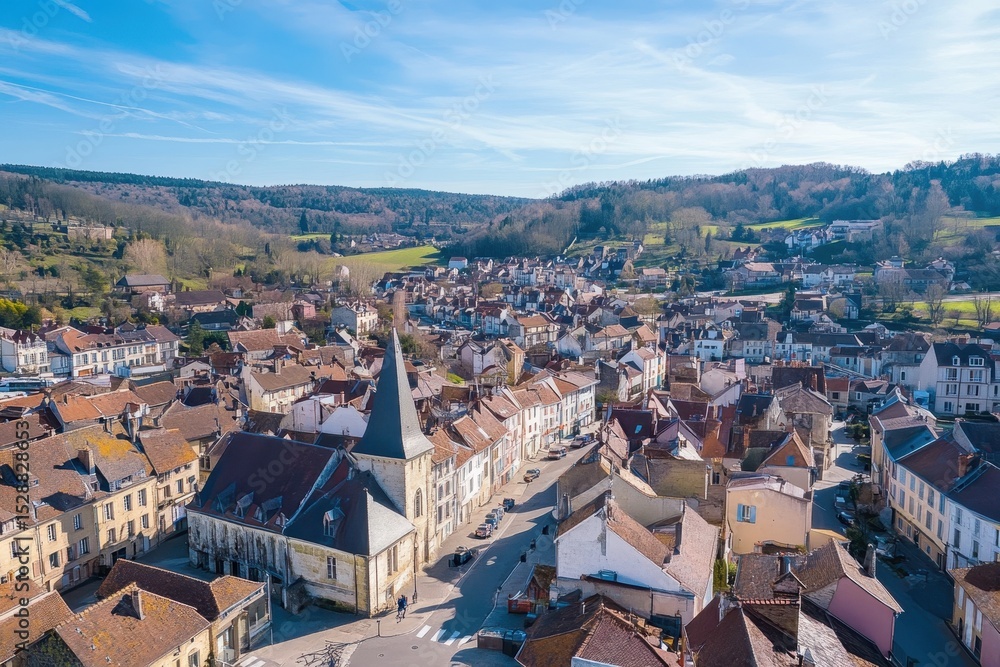 Fototapeta premium Views of historic architecture in Saint Vallier's charming old town surrounded by lush countryside, Aerial of the old town of the city Saint-Vallier in France on a sunny day in early spring