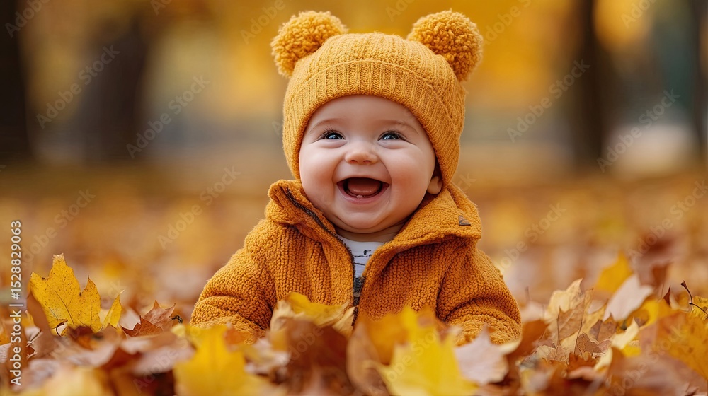 A happy baby giggling in a pile of autumn leaves wearing an adorable bear ear hat bathed in soft focus light with warm A happy baby giggling in a pile of autumn leaves wearing an adorable bear ear hat bathed in soft focus light with warm