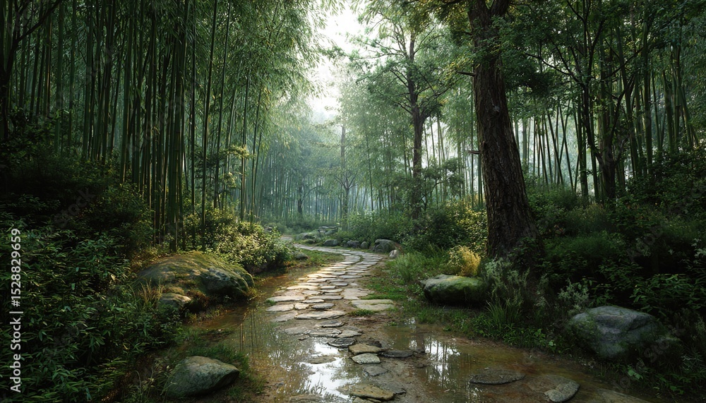 Fototapeta premium Calming rhythms of winding trails through serene bamboo forests, the quiet atmosphere perfect for reflection. High quality