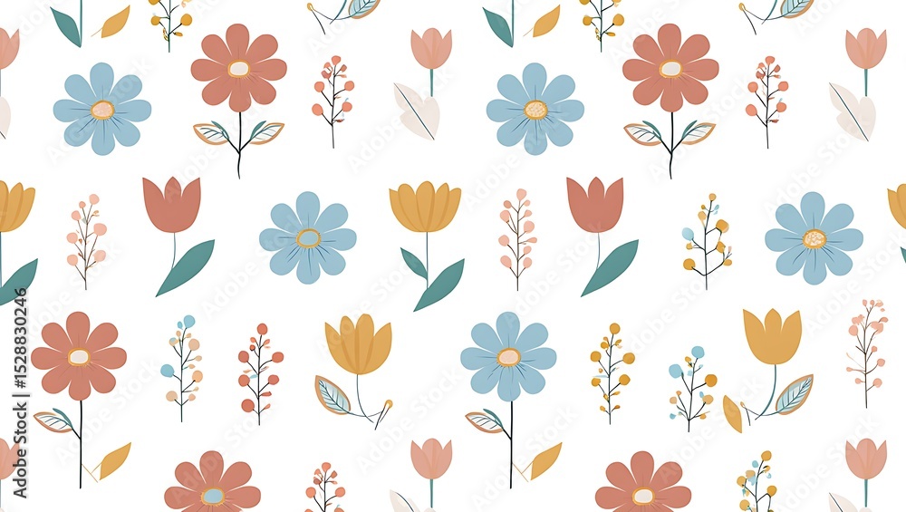Obraz premium Charming Floral Pattern Pastel Tulips and Daisies Seamless Design