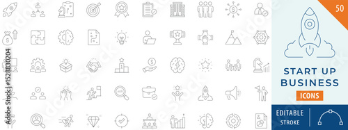 Startup icon collection set. Contains launch, innovation, investment, business, plan, and more. Editable stroke.