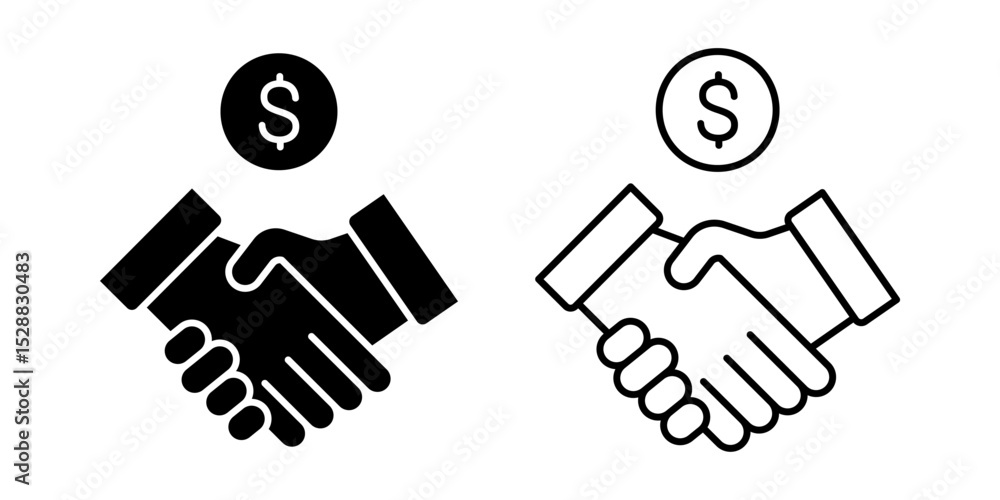 Obraz premium Vector isolated Shaking Hand Dollar icon set in black outline and fill