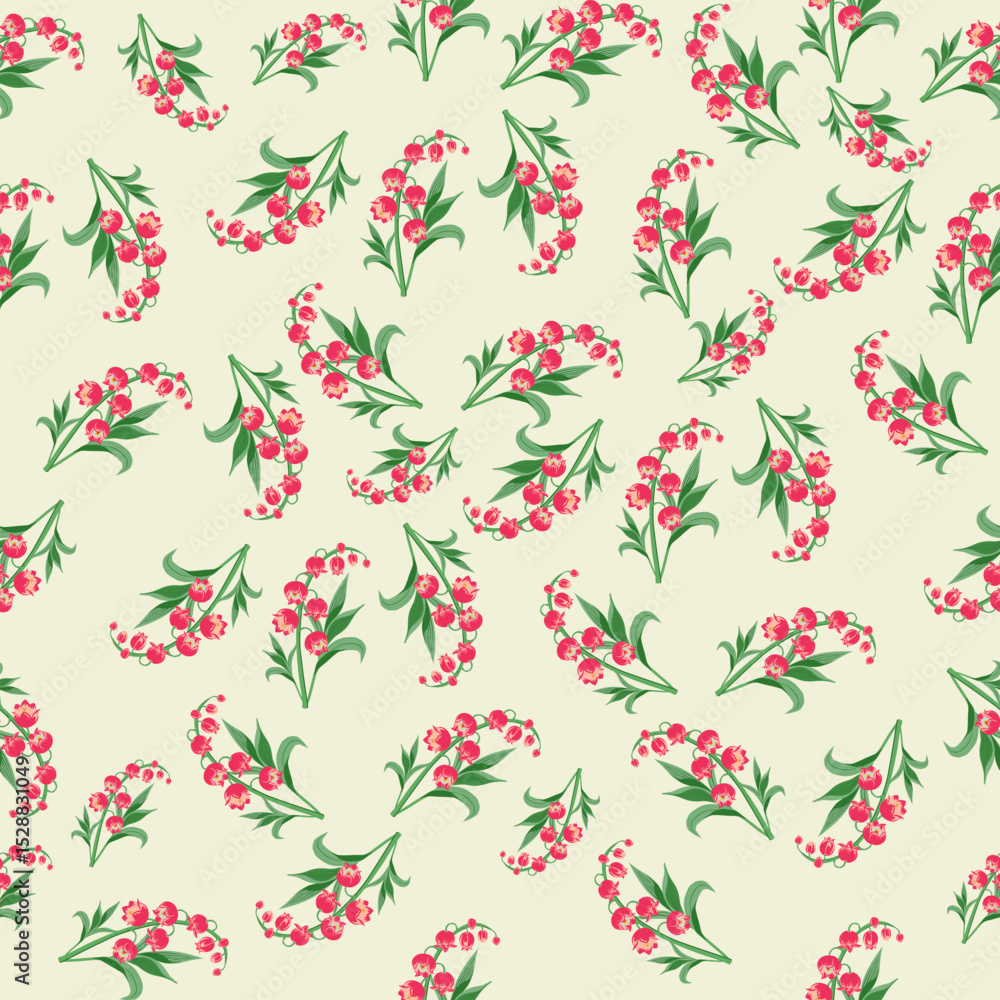Fototapeta premium Charming seamless floral pattern featuring red lily of the valley on a light cream background. Perfect for vintage fabric, wrapping, scrapbook, or retro packaging.