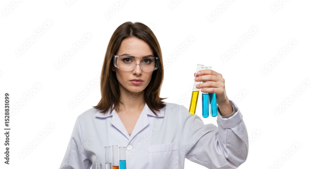 Scientific experiment demonstration by female scientist in laboratory test tubes professional environment engaging viewpoint Scientific experiment demonstration by female scientist in laboratory test tubes professional environment engaging viewpoint