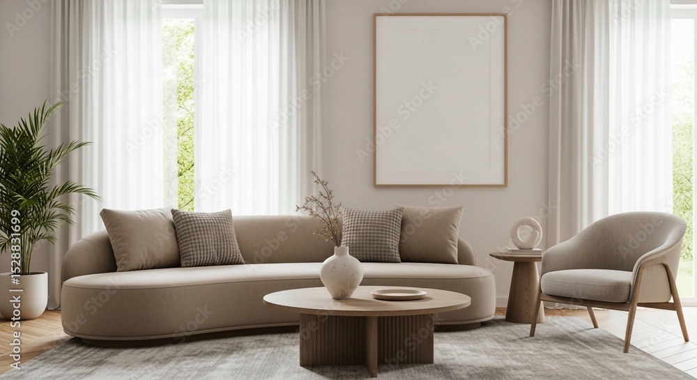 Naklejka premium Chic interior design for a living space, characterized by soft neutrals, modern furnishings, and serene vibes. 