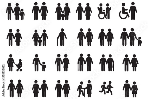Family Silhouette Vector Icons, People, Parenthood, Disabled, Elderly, Children, Human Figures,