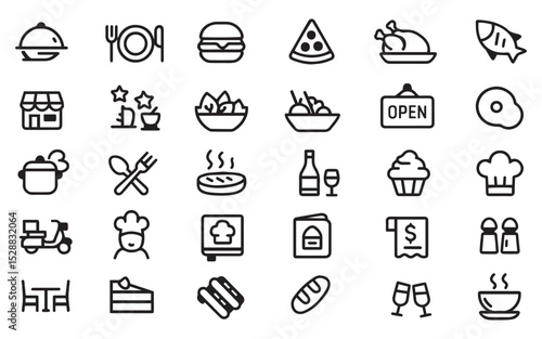 Food and Fast Food Icons Vector, Burger, Pizza, Drink, Restaurant, Meal, Snack, Cafeteria Menu, Outline Icon,