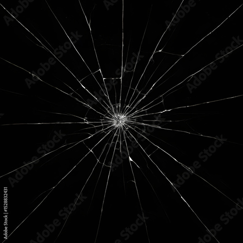 Realistic shattered glass texture with spiderweb crack pattern on black background, broken transparent surface impact effect, damaged window overlay for destruction, crash, smash, fracture simulation