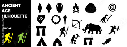 Ancient Age Silhouette Vector Set – Prehistoric Life and Historical Elements