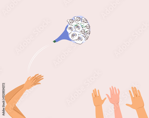 Cartoon close up vector illustration of a bride hands throwing her bouquet to bridesmaids arms. Concept drawing for a joyful and iconic wedding moment