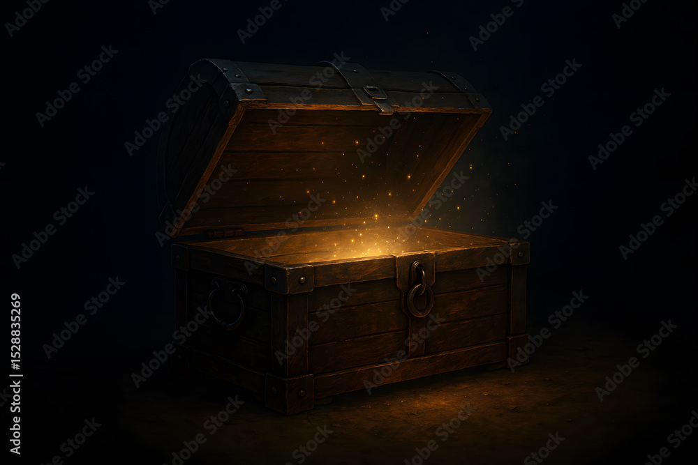 Fototapeta premium Glowing treasure chest open in dark mysterious cave with magical sparkles, ancient wooden box filled with fantasy light gold, pirate adventure hidden riches, enchanted mystery discovery background con