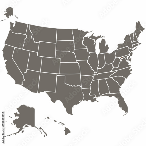 A grayscale map of the united states, showing all fifty states, isolated on white background