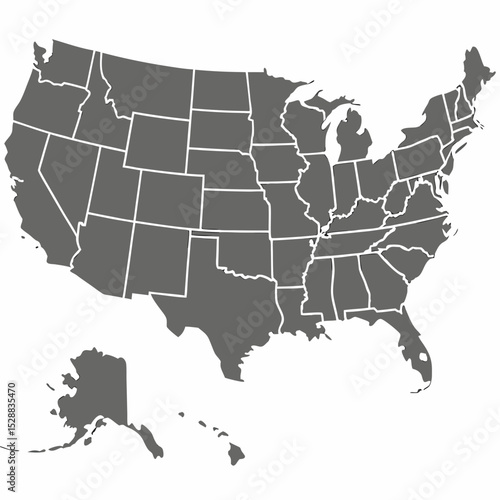 A grayscale map of the united states, isolated on white background