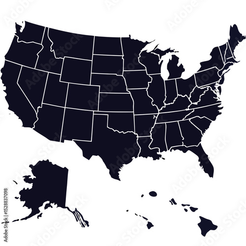 A stark, midnightblue map of the united states, isolated on white background