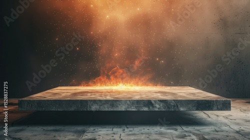 A dark, dramatic scene with a large, flat, stone platform and fiery effect