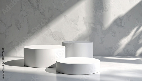 Marble circular product display pedestal against a rough textured background with natural light. Stage concept for product promotion and exhibition.