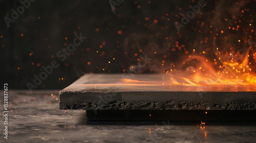Fiery, burning concrete slab on dark surface.  Flames and sparks shoot from a slab of gray concrete, against a dark background