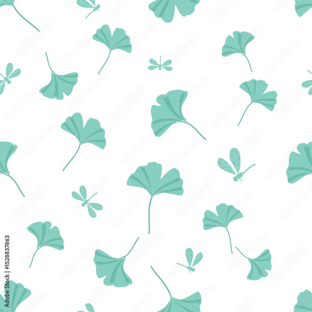 Obraz premium Seamless pattern with Gingko leaves and dragonflies on white background vector.