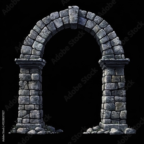 a gothic stone archway with aged bricks and overgrown base, medieval architectural design, dramatic lighting on black background