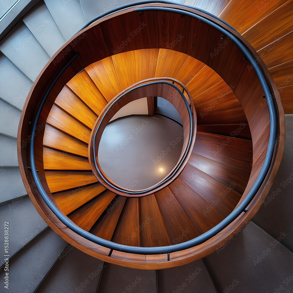 Fototapeta premium Spiral staircase with wooden steps and metal railings,