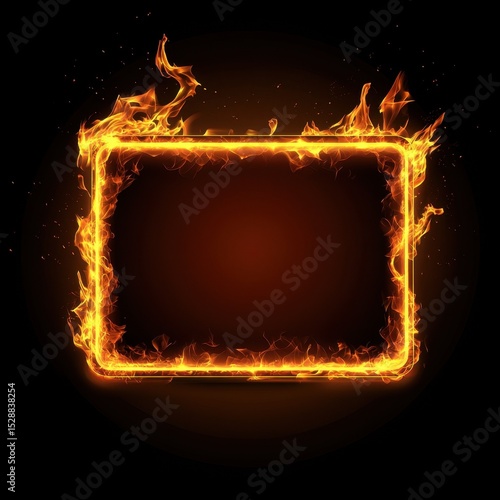 a rectangular fire-lit sign frame, glowing with intense flames and embers, set against a dark background, capturing dynamic motion and heat