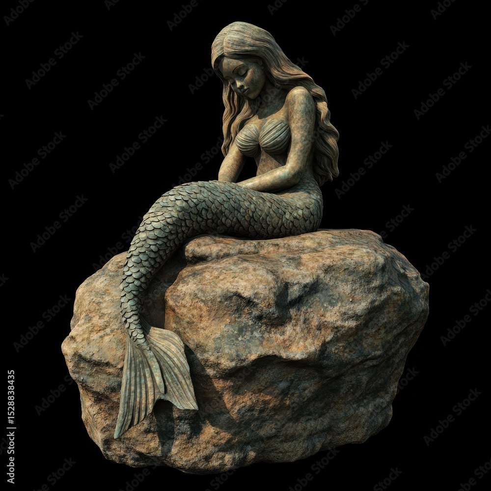 Fototapeta premium a mermaid statue resting gracefully on a textured rock, with detailed scales, flowing hair, and a serene expression