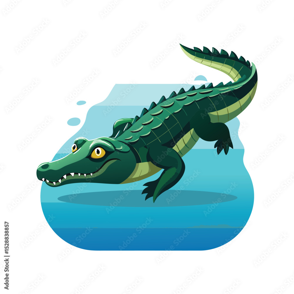 Obraz premium Cartoon alligator swimming in blue water illustration