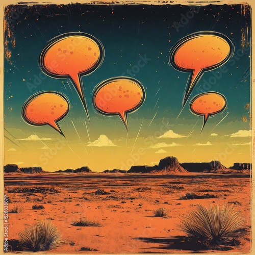 starburst-themed speech bubbles floating above a vast desert landscape at sunset, with a retro comic art style, dramatic sky gradients, and stylized dialogue shapes