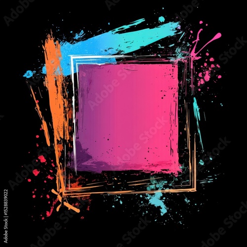 empty page paper designed with vibrant paint splashes in neon pink, blue, and orange, surrounded by dynamic brush strokes and abstract frame lines on a black background